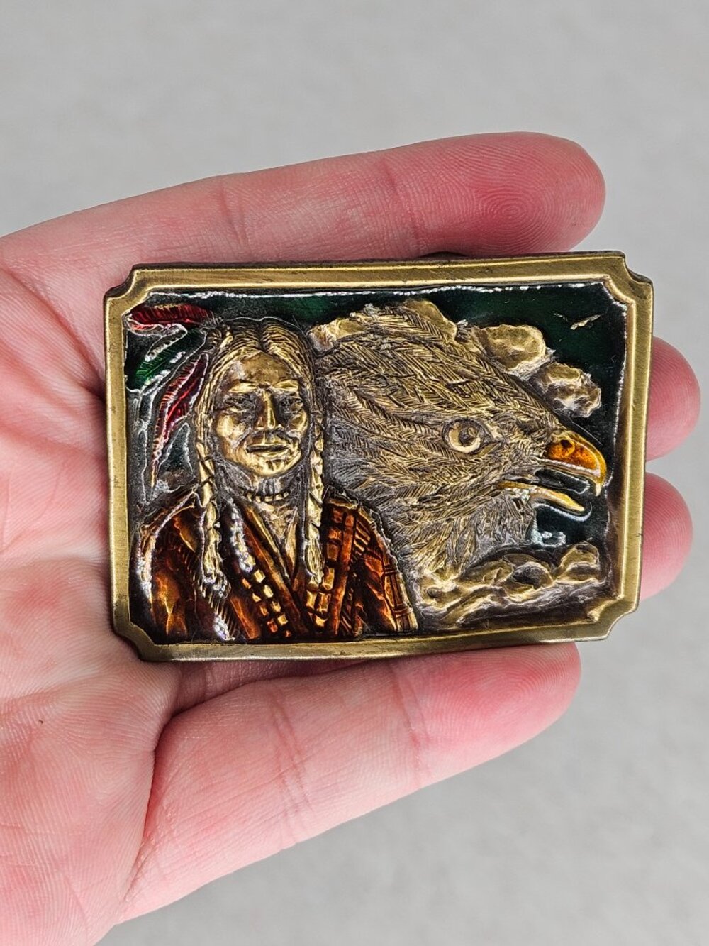 1984 Bergamot S-143 Colorized Native American Eagle Brass Belt Buckle